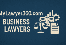 MyLawyer360.com Business Lawyers” with legal icons including scales, documents, charts, and a gear symbol, representing modern business law services.