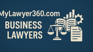 MyLawyer360.com Business Lawyers” with legal icons including scales, documents, charts, and a gear symbol, representing modern business law services.