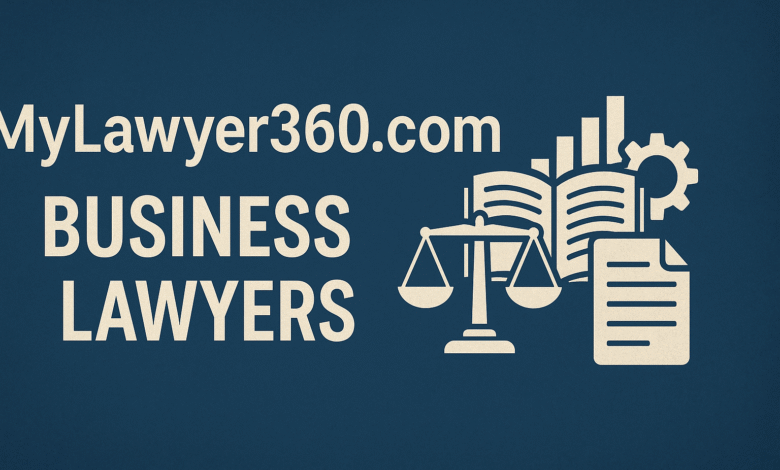 MyLawyer360.com Business Lawyers” with legal icons including scales, documents, charts, and a gear symbol, representing modern business law services.