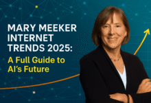 Mary Meeker smiling in front of a digital network background with text ‘Mary Meeker Internet Trends 2025: A Full Guide to AI’s Future’ highlighting AI growth and future trends.