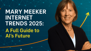 Mary Meeker smiling in front of a digital network background with text ‘Mary Meeker Internet Trends 2025: A Full Guide to AI’s Future’ highlighting AI growth and future trends.