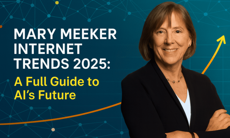 Mary Meeker smiling in front of a digital network background with text ‘Mary Meeker Internet Trends 2025: A Full Guide to AI’s Future’ highlighting AI growth and future trends.