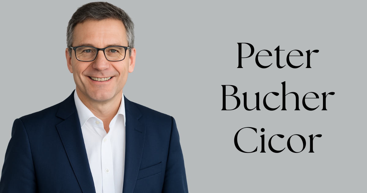 Illustration showing a professional businessman symbolizing Peter Bucher beside Cicor branding, with icons of electronics, PCB technology, and growth to represent leadership and innovation within the Cicor Group.